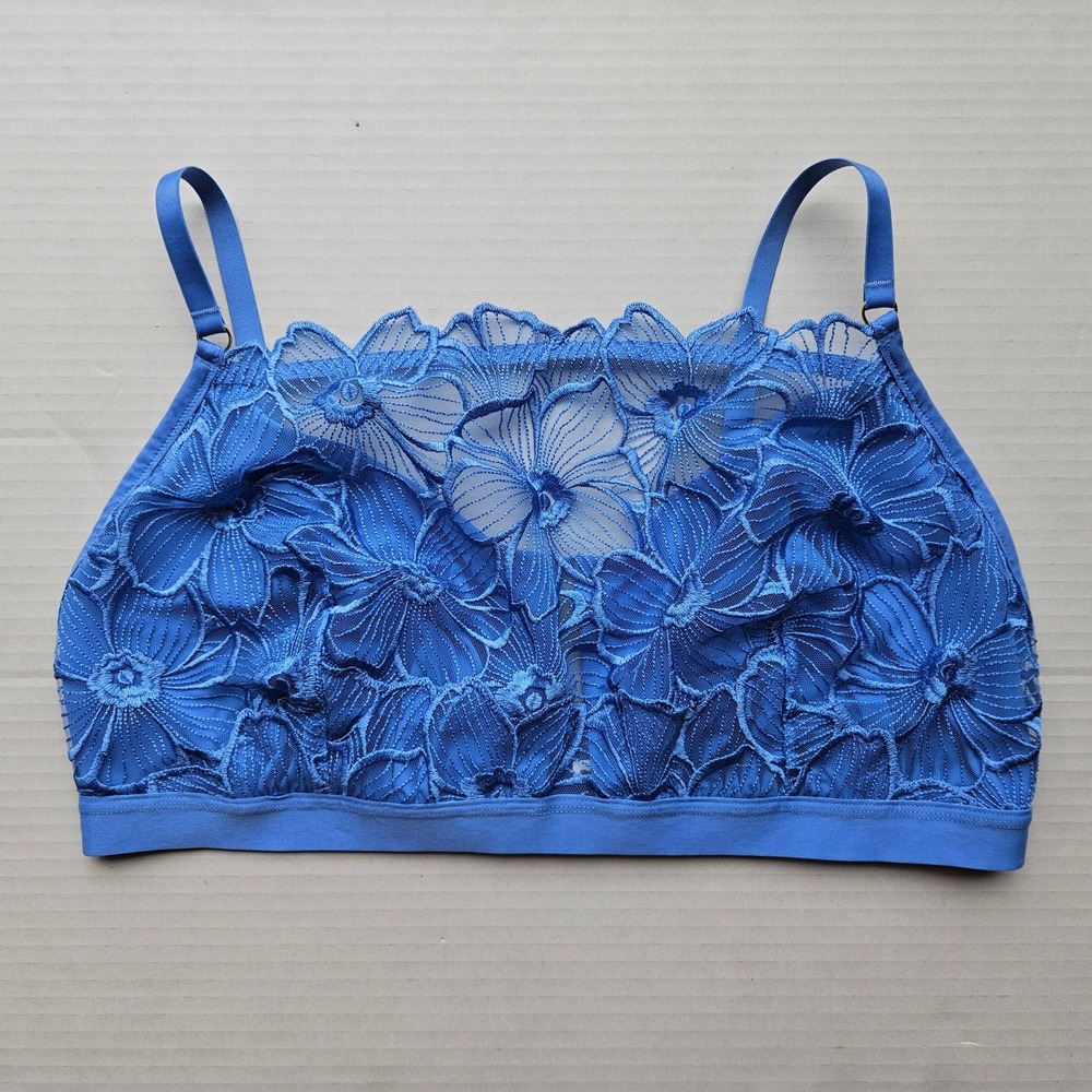 Aerie Real Good Blue Floral Lace Bralette XL Adjustable Straps Wireless Hook Eye